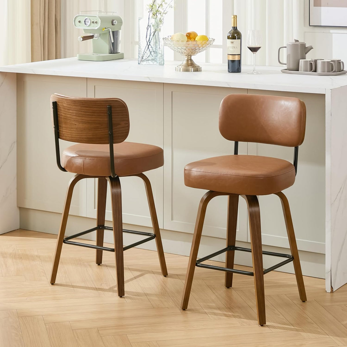 Swivel Bar Stools Set of 3, 26" Counter Height, Brown | Walnut Wood Legs, Upholstered Seat, Supportive Backrest, Easy-Clean Faux Leather, Mid-Century Modern, 4-Inch Cushion