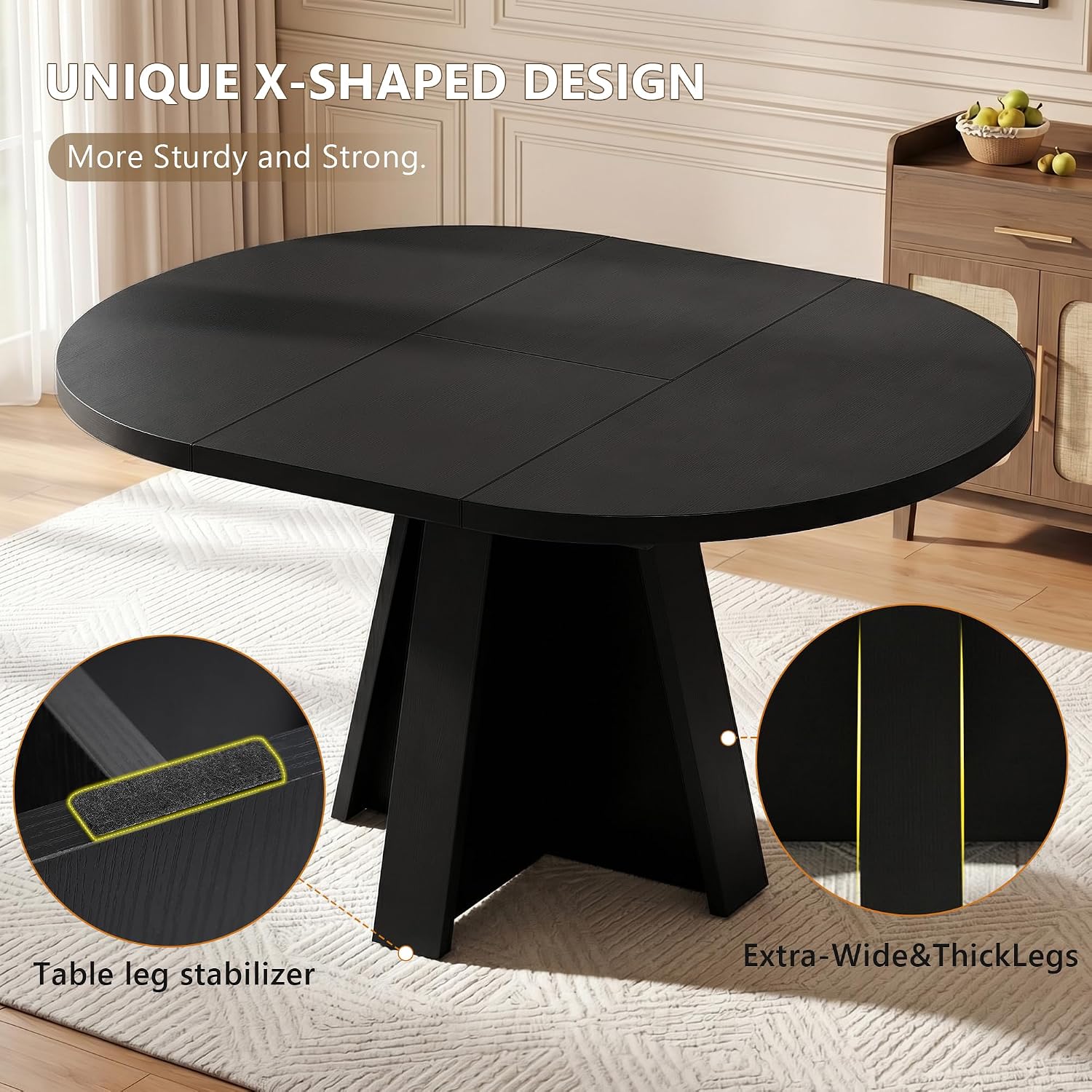 Einhomn 43"-59" Extendable Dining Room Table for 4-8 People, Oval Dining Table with Removable Leaves Space Saving, Round Expandable Kitchen Table for Dining Room Kitchen Living Room, Black