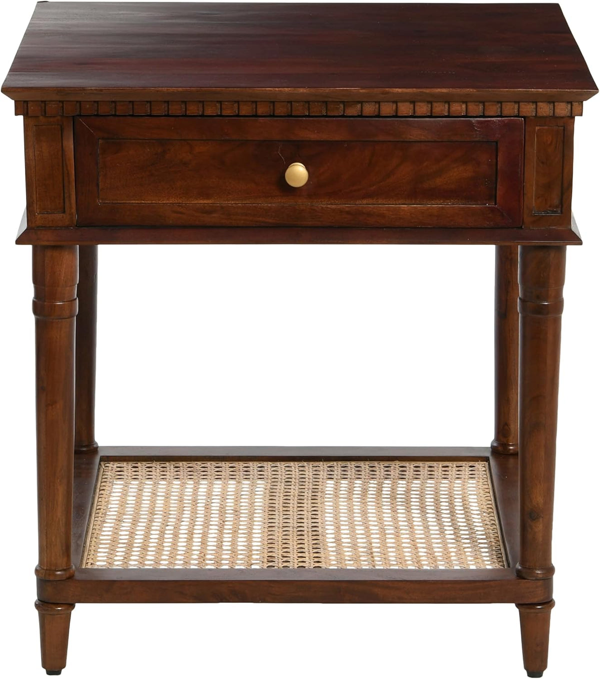 Creative Co-Op Maxwelton Solid Wood End Table with Drawer and Woven Cane Storage Shelf, Dark Chestnut and Natural