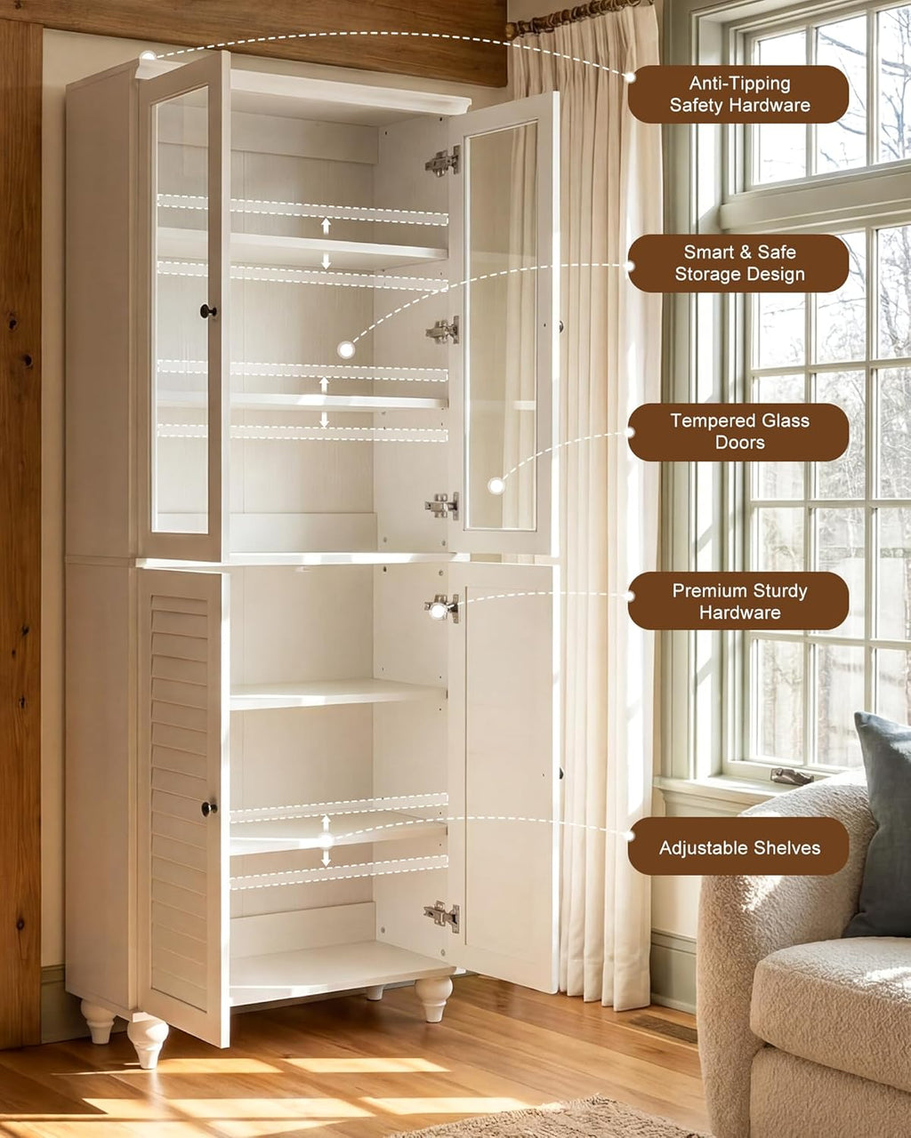 80" Kitchen Pantry Cabinet Set of 2, Farmhouse Storage Cabinets with Glass & Louvered Doors, Adjustable Shelves for Dining Room, Living Room, Home Office, Rustic White