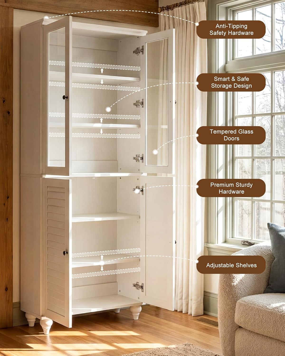 80" Kitchen Pantry Cabinet Set of 2, Farmhouse Storage Cabinets with Glass & Louvered Doors, Adjustable Shelves for Dining Room, Living Room, Home Office, Rustic White