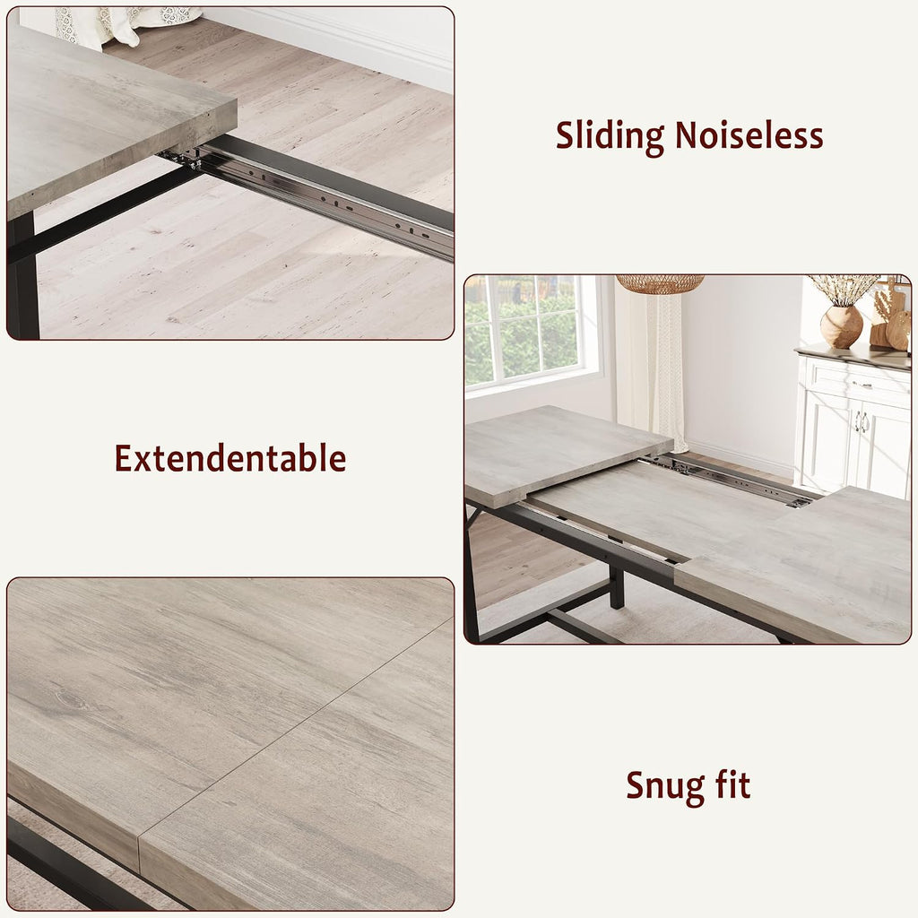 IDEALHOUSE 63" 3 Piece Extendable Dining Table Set for 4-6, Rectangle Wooden Kitchen Table with 2 Soft Benches Set for 6, Sturdy Metal Frame, Dinette Table Set for Apartment, Kitchen, Rustic Gray