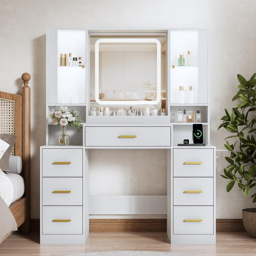 BORNOON Vanity Desk with Mirror and Lights, Makeup Vanity with 7 Drawers, 2 Glass Door Cabinets, Charging Station, Adjustable Shelves, RGB Lighting, Holder