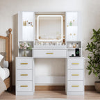 BORNOON Vanity Desk with Mirror and Lights, Makeup Vanity with 7 Drawers, 2 Glass Door Cabinets, Charging Station, Adjustable Shelves, RGB Lighting, Holder