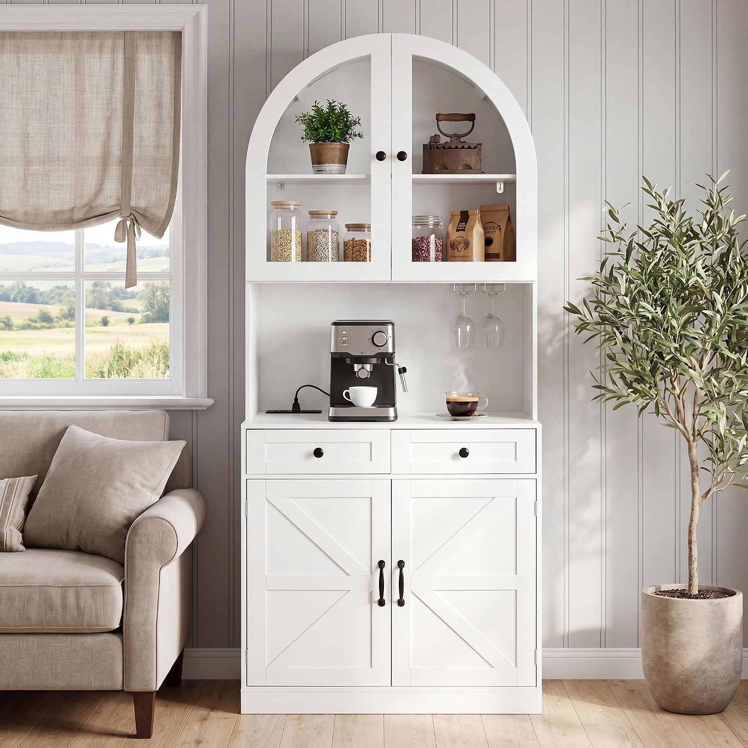 75" Farmhouse Tall Arched Pantry Cabinet with Charging Station, White | Adjustable Shelves, Open Countertop, Barn Door Lower Cabinet, Tempered Glass Display – Versatile Storage for Kitchen