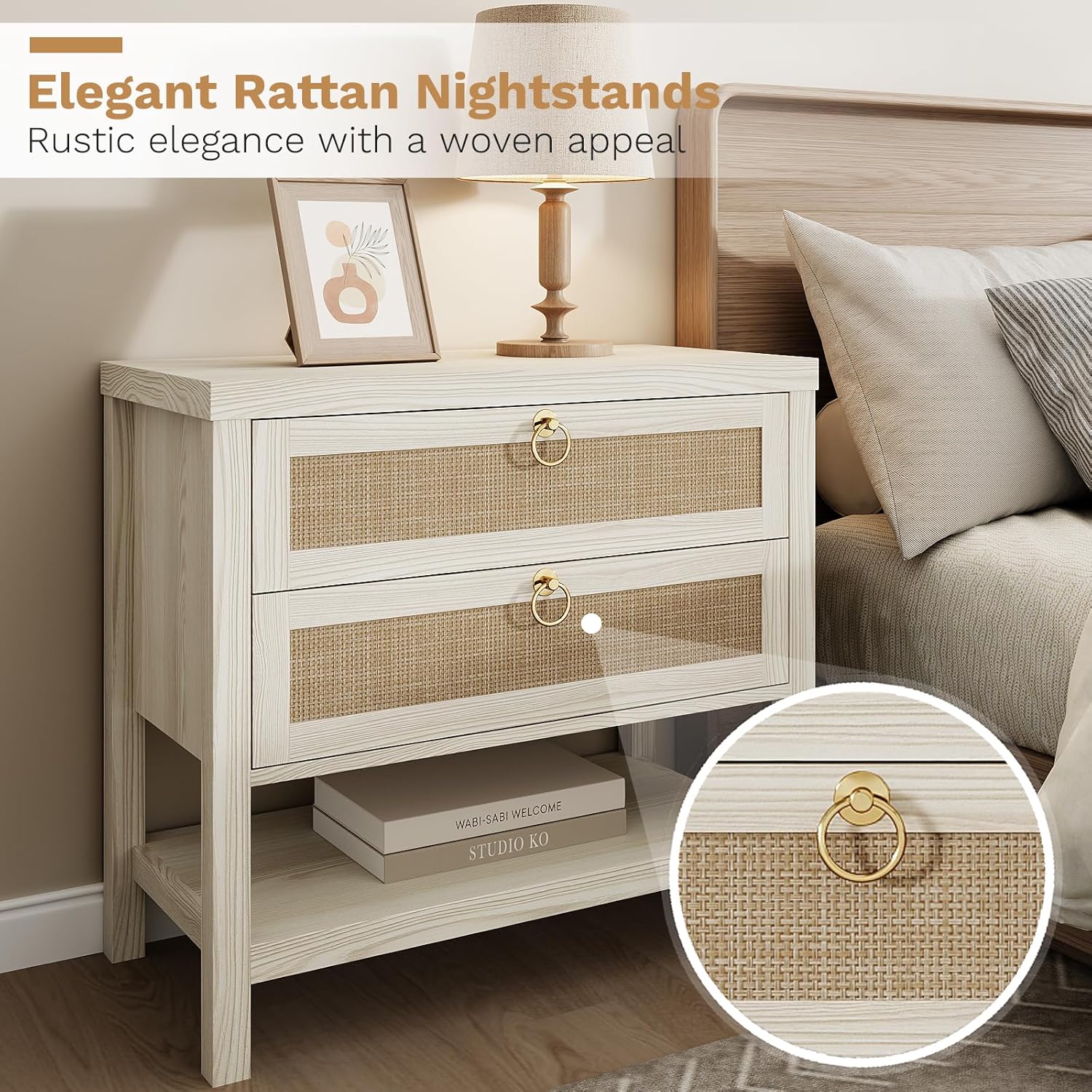 Eclatara Large Rattan Night Stand Set of 2 with 2 Drawers and Storage Shelf | Boho Nightstand White Bedside Table End Table Side Table for Bedroom(Cream White Oak,2 Pieces)