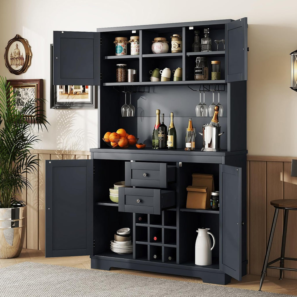 Merax 73.8" Kitchen Pantry Storage Cabinet, Freestanding Larder Cupboard, Kitchen Hutch Cabinet with Drawers Shelves and Cabinets, Buffet Cabinet Wine & Glass Racks for Dining Room, Living Room, Blue