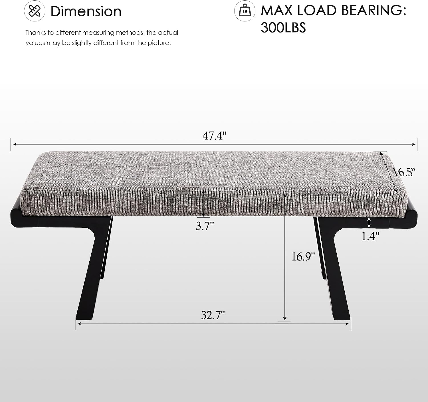 Zesthouse Solid Wood Bench for Bedroom End of Bed, Upholstered Small Entryway Bench with Cushion, 47" Grey Linen Ottoman Bench with Black Wood Legs, Modern Dining Bench Seat, for Indoor Living Room