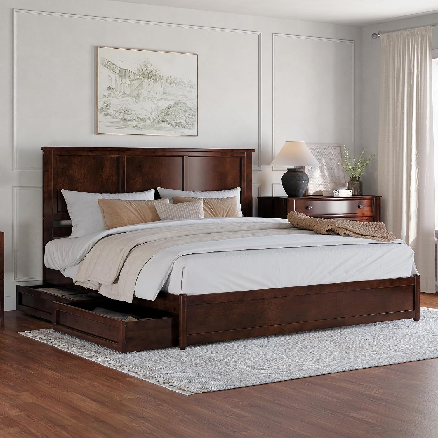 AFI, Felicity King Platform Bed with Panel Footboard & Storage Drawers, Walnut