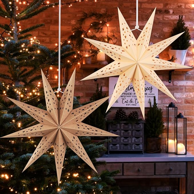 EASY JOY 5pcs 9-Pointed Paper Star Decoration Christmas Party Decorations Hanging Star Decoration Grey Brown Black 12 Inch 3D Paper Star Lantern for Christmas Home Party Wedding Birthday