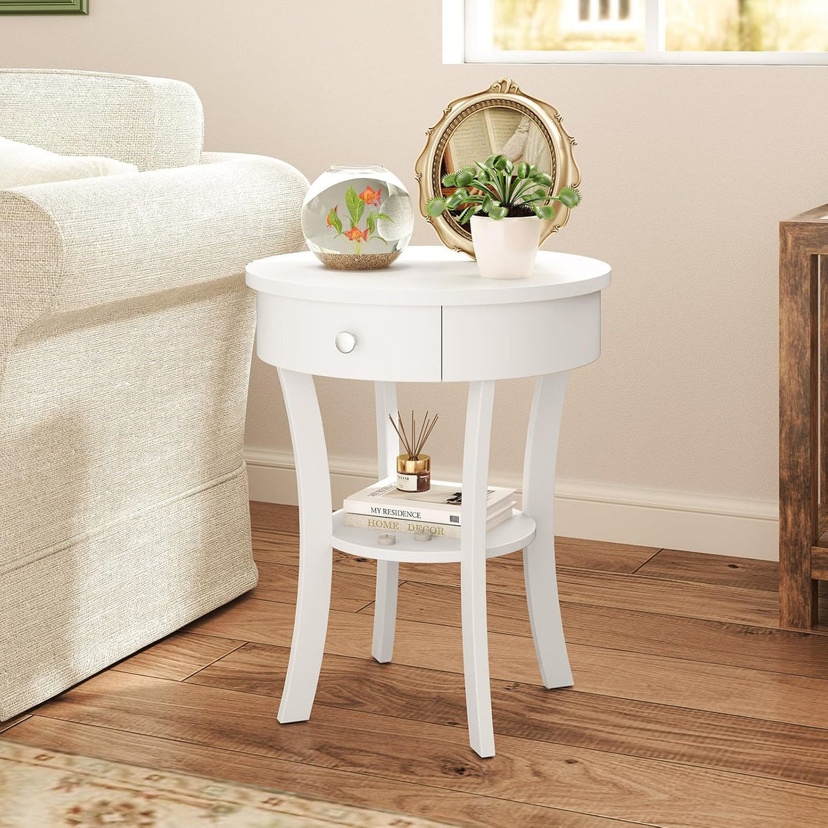 GOFLAME Round End Table with Drawer, 2-Tier Sofa Side Table with Solid Wood Legs, Open Storage Shelf, Vintage Accent Table, Display Table, Compact Nightstand for Living Room, White