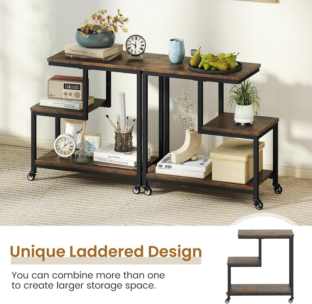 GOFLAME G-Shaped End Table, 3-Tier Sofa Side Table with Wheels, Open Shelves, Metal Frame, Modern Display Accent Table, Small Narrow Rolling Nightstand for Living Room, Bedroom, Rustic Brown
