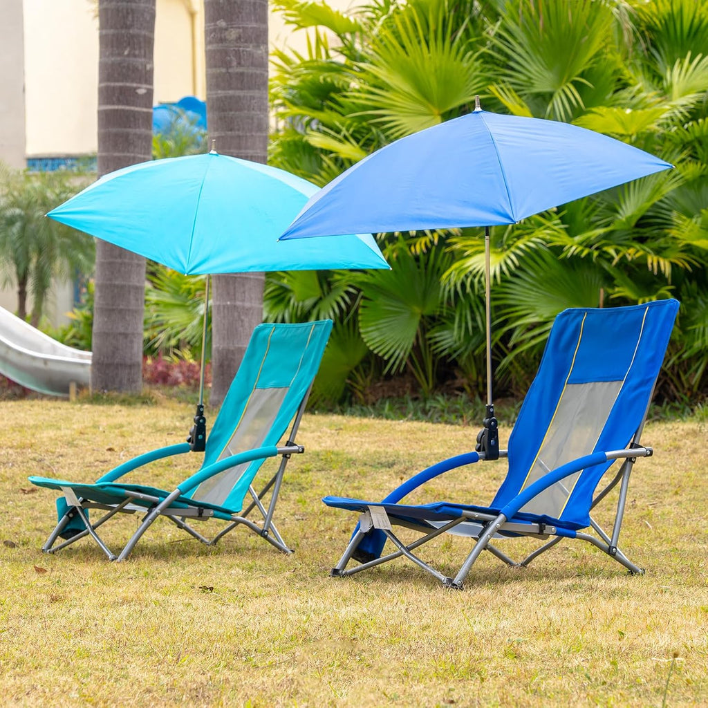Romswi Beach Chair with Umbrella 2PK, Folding Low Beach Chairs for Adults with Adjustable Parasol, Cup Holder, Breathable Backrest, Comfortable Armrests, Lightweight for Beach & Camping, Green