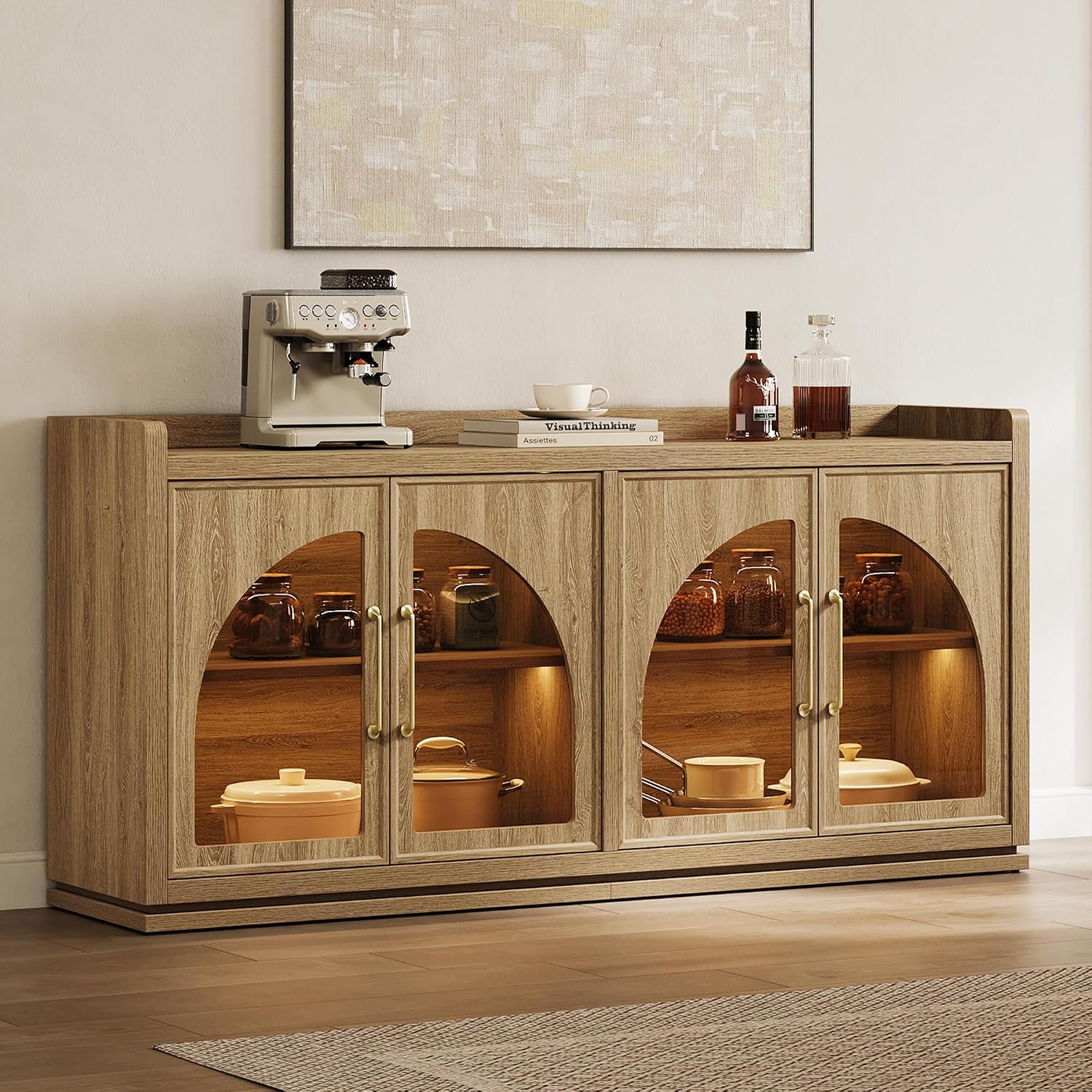SICOTAS Sideboard Buffet Cabinet with Storage and LED Lights-Modern Large Credenza Storage Cabinet with Arch Glass Doors, Adjustable Shelves, 61.7" Wooden Media Console Coffee Bar Cabinet, Brown Oak