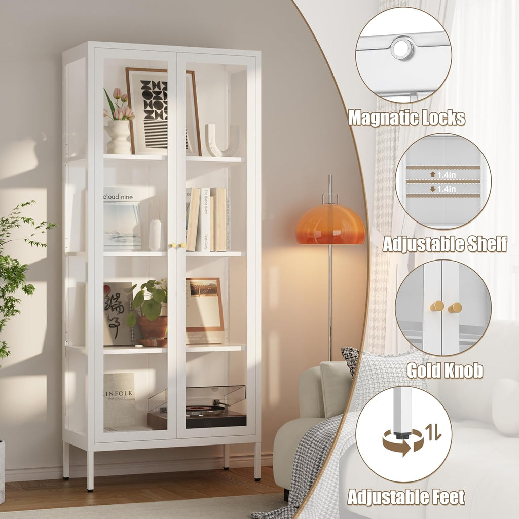 Glass Display Cabinet, 66" Tall Metal Storage Cabinet with Doors and Adjustable 3 Shelves, White Curio Glass Showcase, Pantry Storage Cabinet, Large Display Case for Living Room, Hallway, Kitchen