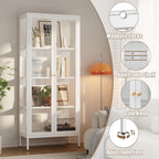 Glass Display Cabinet, 66" Tall Metal Storage Cabinet with Doors and Adjustable 3 Shelves, White Curio Glass Showcase, Pantry Storage Cabinet, Large Display Case for Living Room, Hallway, Kitchen