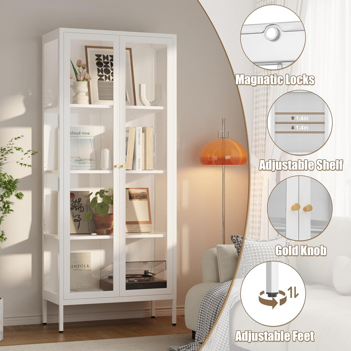 Glass Display Cabinet, 66" Tall Metal Storage Cabinet with Doors and Adjustable 3 Shelves, White Curio Glass Showcase, Pantry Storage Cabinet, Large Display Case for Living Room, Hallway, Kitchen