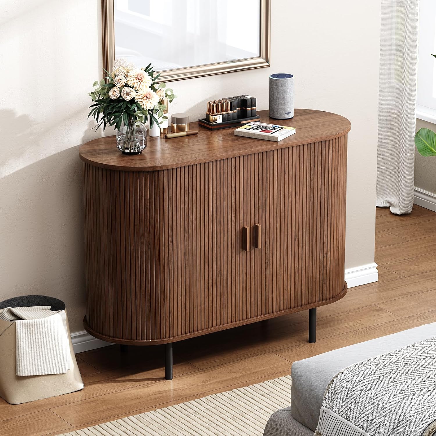Buffet Cabinet with Storage, Fluted Sideboard Buffet with Sliding Door, Coffee Bar Cabinet with Adjustable Shelf, Console Table, Accent Table for Entryway, Kitchen (Walnut, 40 Inch)