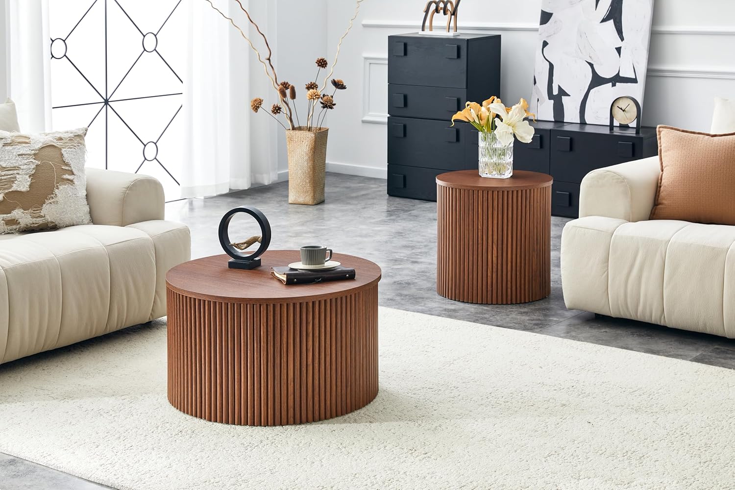 KEIKI Round Nesting Coffee Table Set of 2, Roman Wood Center Table & End Table Set with Built-in Storage, Modern Accent Tables for Small Space Living Room Bedroom, No Assembly, Brown