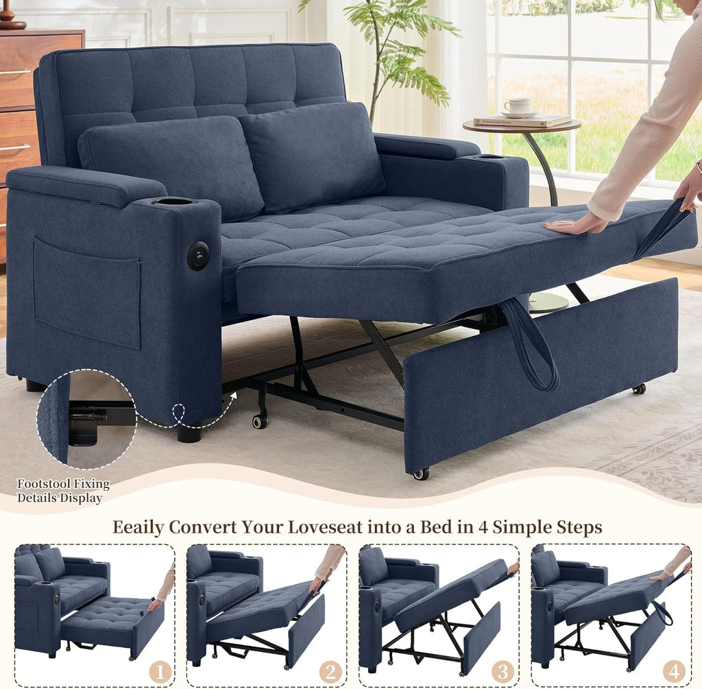 Korser 55.5'' 3-in-1 Convertible Sofa Bed, Pull Out Couch with 5-Position Adjustable Backrest, Loveseat Sleeper Sofa for Small Spaces, Sofa Couch with Cup Holders for Living Room, Office, Chenille