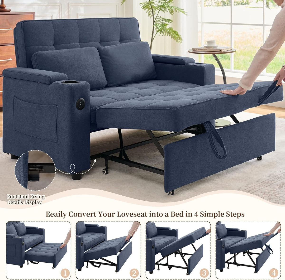 Korser 55.5'' 3-in-1 Convertible Sofa Bed, Pull Out Couch with 5-Position Adjustable Backrest, Loveseat Sleeper Sofa for Small Spaces, Sofa Couch with Cup Holders for Living Room, Office, Chenille