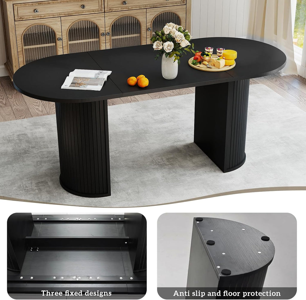 70.8" Oval Dining Table for 4-6 Persons, Fluted Pedestal Base Mid Century Wood Veneer Kitchen Table with Curved Edges for Dining Room, Apartment, Small Spaces, Black