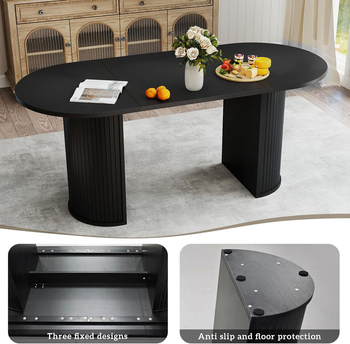 70.8" Oval Dining Table for 4-6 Persons, Fluted Pedestal Base Mid Century Wood Veneer Kitchen Table with Curved Edges for Dining Room, Apartment, Small Spaces, Black