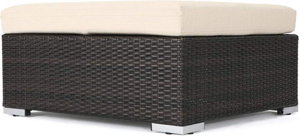 roomfitters Outdoor Wicker Ottoman with Cushion for Stylish Patio Furniture, Versatile Garden Footrest or Extra Seating, Comfortable and Durable, Beige