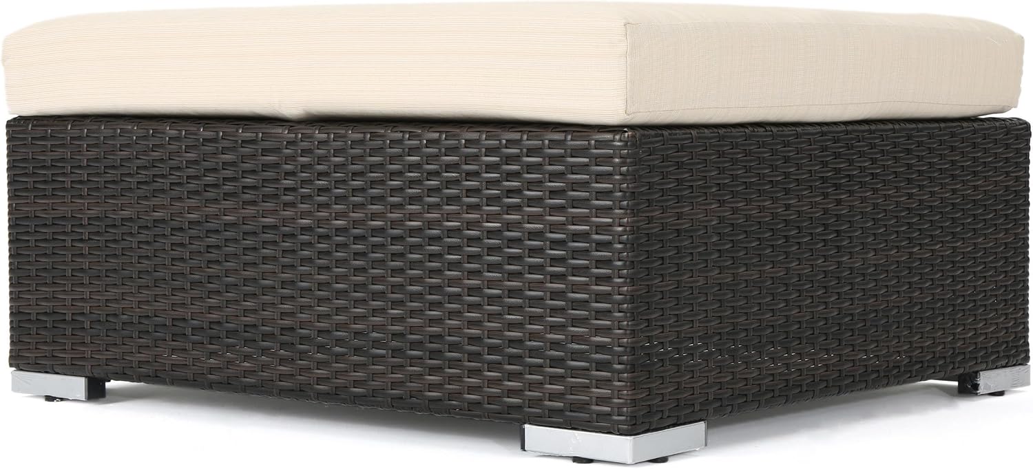 roomfitters Outdoor Wicker Ottoman with Cushion for Stylish Patio Furniture, Versatile Garden Footrest or Extra Seating, Comfortable and Durable, Beige