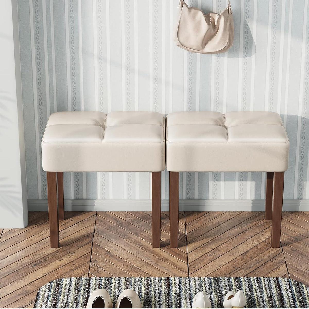 EOSVALO Leather Vanity Stool, 18.7 Inch Wide Rectangle Ottoman Bench for Makeup Room, Vanity Chair with Wood Legs for Piano Room, Bedroom,Living Room with Customizable (Cream)