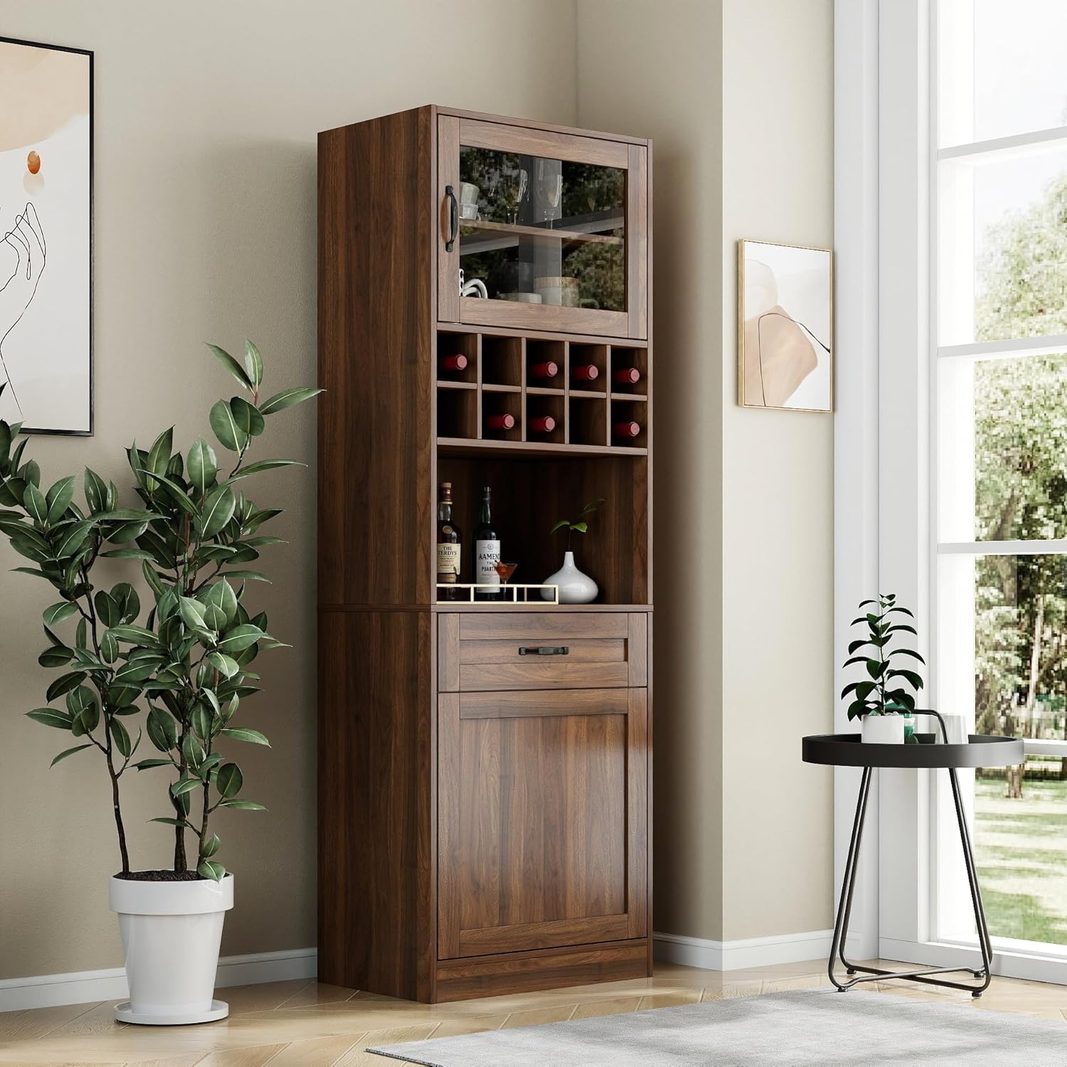 KEIKI 70.87" H Tall Kitchen Pantry Wine Bar Storage Cabinet with Countertop, Wine Rack, Glass Doors, Drawers, Wood Freestanding Hutch Food Pantries Cupboard for Coffee, Dining Living Room