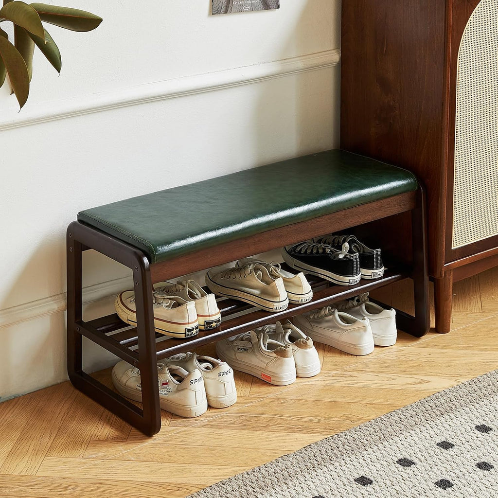 Shoe Rack Bench,2 Tier Wooden Entryway Bench,Solid Wood Shoe Bench with Cushion for Living Room Hallway Bedroom(Green, 39.4''L)