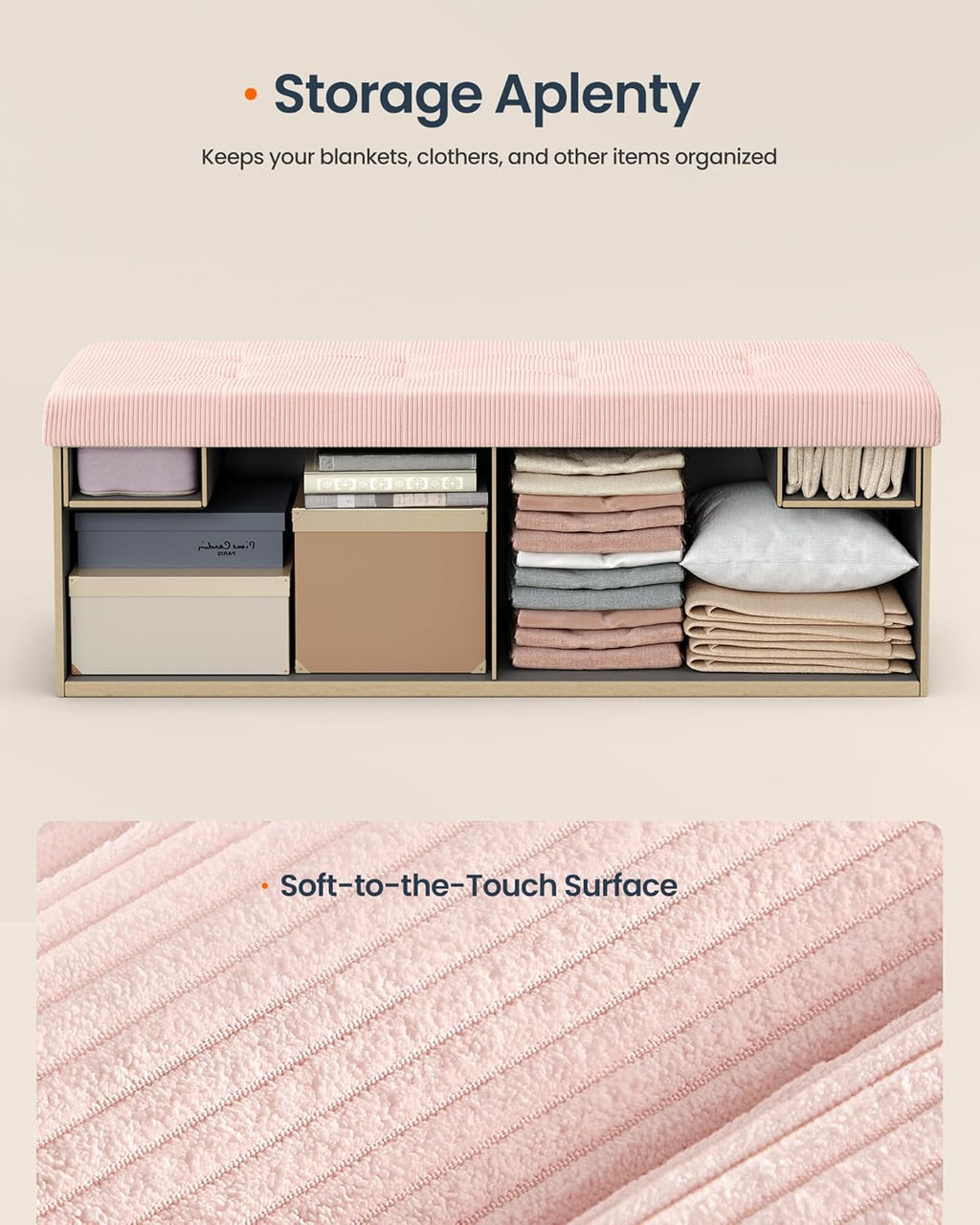 SONGMICS Home Ottoman with Storage, Removable Lid, Folding Storage Chest, Easy Assembly, for Entryway, Bedroom, Living Room, 15.2 x 43.2 x 15.2 Inches, Corduroy, Light Pink