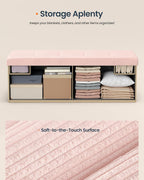 SONGMICS Home Ottoman with Storage, Removable Lid, Folding Storage Chest, Easy Assembly, for Entryway, Bedroom, Living Room, 15.2 x 43.2 x 15.2 Inches, Corduroy, Light Pink