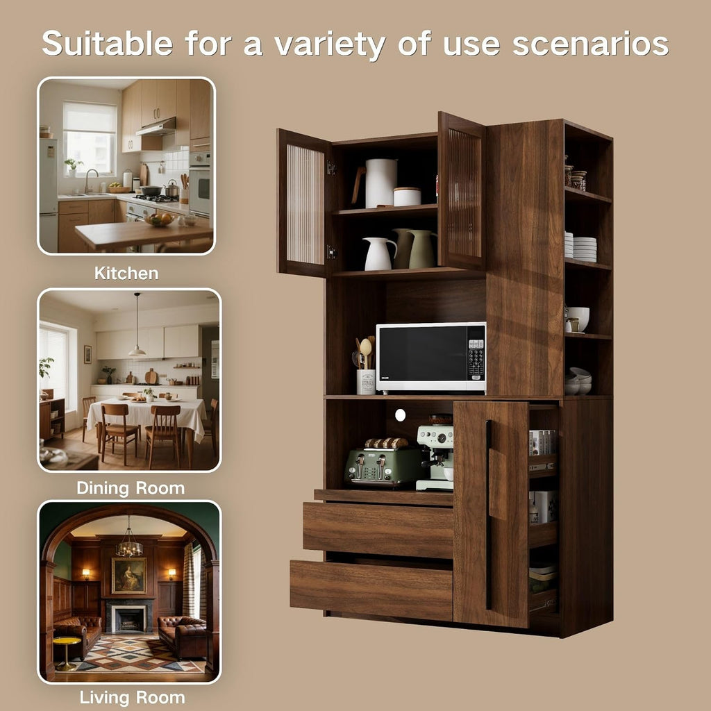 71" Tall Kitchen Pantry Cabinet with Storage, Farmhouse Kitchen Storage Cabinet with 4-Tier Side Shelf & 2 Drawers, Freestanding Cupboard with Glass Door and Microwave Stand for Dining Room, Walnut