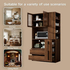 71" Tall Kitchen Pantry Cabinet with Storage, Farmhouse Kitchen Storage Cabinet with 4-Tier Side Shelf & 2 Drawers, Freestanding Cupboard with Glass Door and Microwave Stand for Dining Room, Walnut
