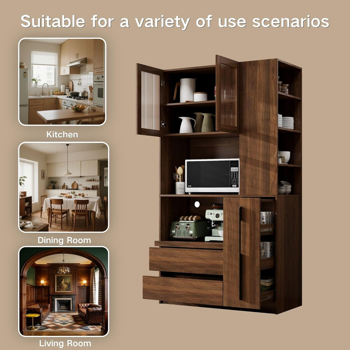 71" Tall Kitchen Pantry Cabinet with Storage, Farmhouse Kitchen Storage Cabinet with 4-Tier Side Shelf & 2 Drawers, Freestanding Cupboard with Glass Door and Microwave Stand for Dining Room, Walnut