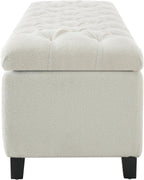 Storage Bench End of Bed, White Boucle Storage Ottoman Bench with Pressure Hinges, Foot Rest with Rubber Wood Legs, Button Tufted Ottoman with Storage for Living Room, Bedroom, Entry Ways & Window