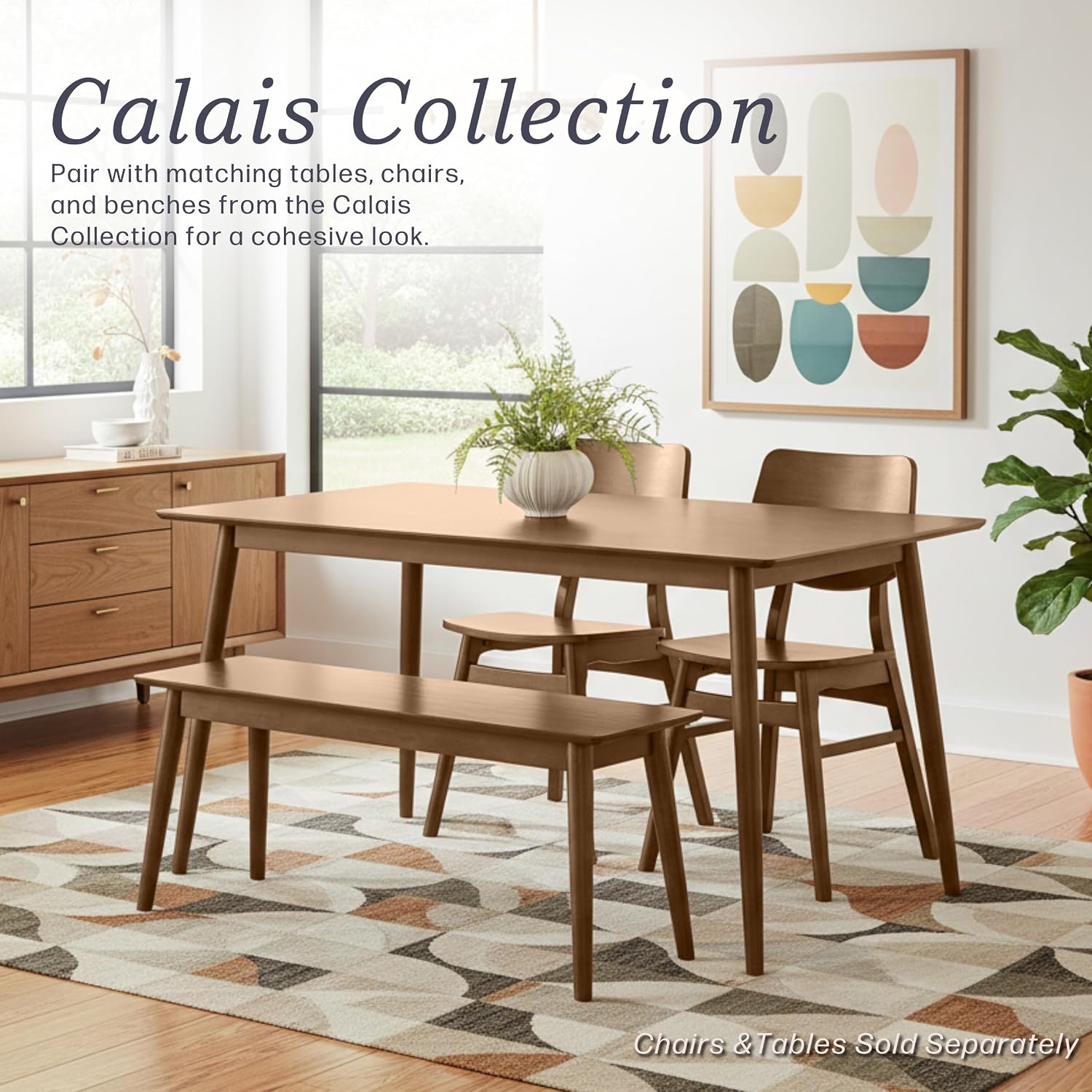 Alaterre Furniture Calais Dining – Mid Century Modern 46-Inch Solid Wood Dining Bench – Entryway Bench with Minimalist Design for Entryway, Dining Room, Kitchen, or Bedroom (Warm Pecan Finish)