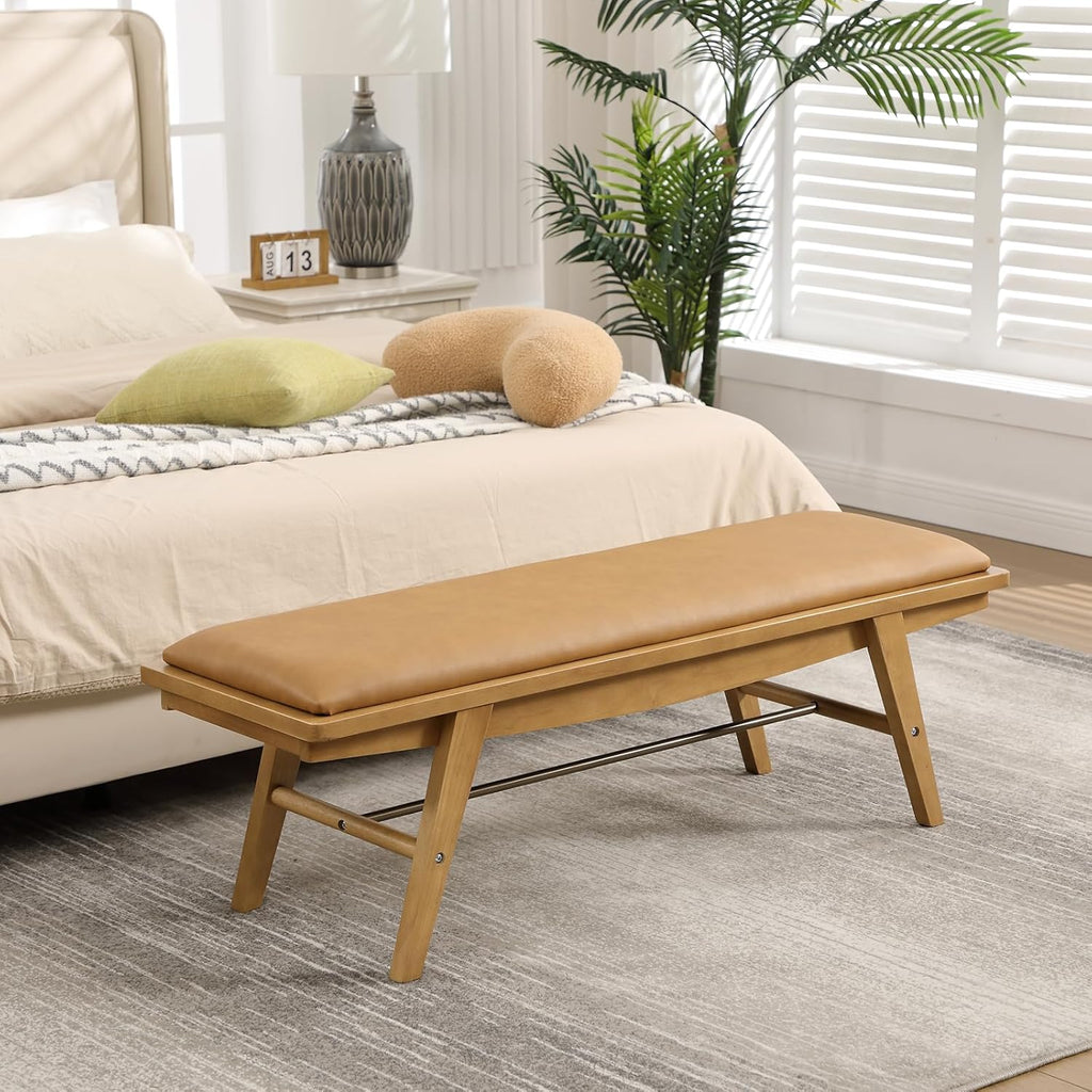 51'' Entryway Bench Leather Upholstered Shoe Benches Farmhouse Dining Table Benches for for Hallway Living Room Bedroom End of Bed, Brown