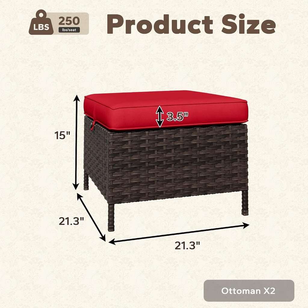 Outdoor Ottomans Set of 2 with Weather-Resistant & Thickened Cushions, PE Rattan Patio Conversation Set for Deck, Porch, Sunroom (Red)