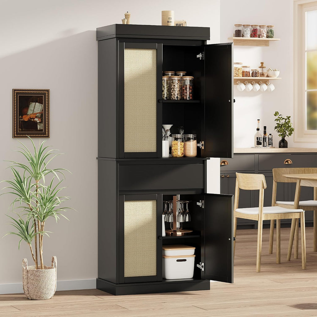 IDEALHOUSE Pantry Cabinet,70" Tall Kitchen Pantry Cabinet with 4 Doors and 3 Adjustable Shelves, Freestanding Cupboard, Modern Storage Cabinet for Bathroom, Dining Room, Living Room， Black Rattan