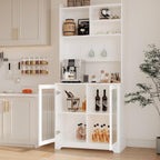 71" Tall Pantry Cabinet with 2 Glass Doors, Freestanding Kitchen Storage Cabinet with Open Storage & Adjustable Shelves, Modern Farmhouse Cupboard Coffee Bar for Dining Room, Living Room, White