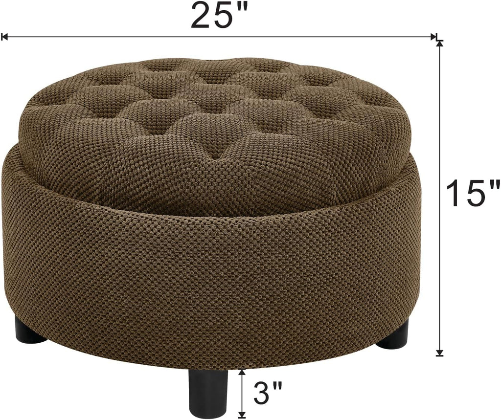 25'' Round Storage Ottoman with Reversible Tray Lid, Tufted Footrest Stool with Hidden Storage, Couch Side Table for Low Tea (Coffee)