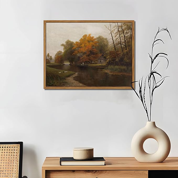 Floating Framed Canvas Wall Art Decor – Vintage Autumn by the Water Landscape Paintings Prints, Nature Countryside Pictures Wall Decor for Living Room Bedroom Office Decoration 12x16 inch