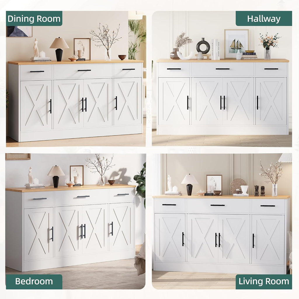 Shintenchi Buffet Cabinet with Storage,53.4" Large Kitchen Storage Cabinet with 3 Drawers and 4 Doors,Wood Farmhouse Buffet Sideboard with Adjustable Shelf for Kitchen Living Room, White