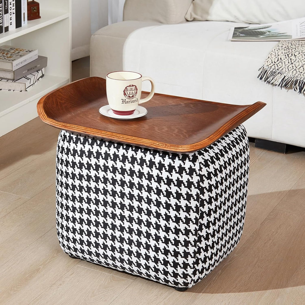 zyz 21 Inch Square Storage Ottoman Coffee Table, Modern Ottoman with Flip-Top Lidm, Solid Wood Panel, Houndstooth Fabric Footstool, Accent Ottoman for Living Room, Bedroom, Corners, Entryways (Black)