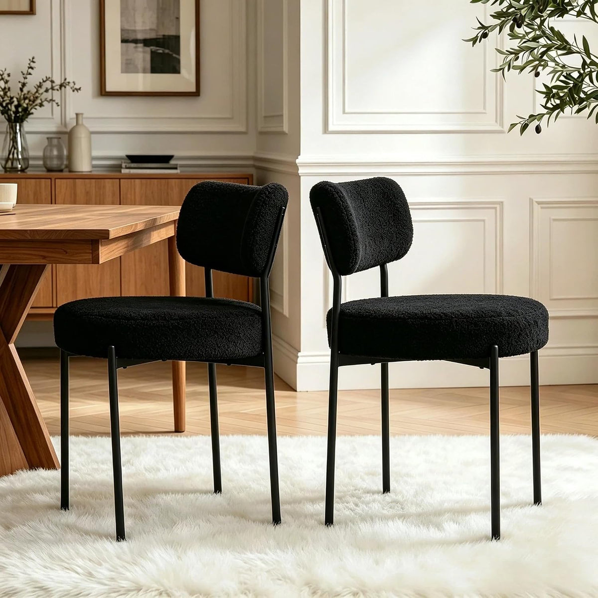 Boucle Dining Chair Set of 6, Mid Century Modern Upholstered Kitchen Chairs with Curved Backrest & Black Metal Legs, Round Dining Room Chairs, Black
