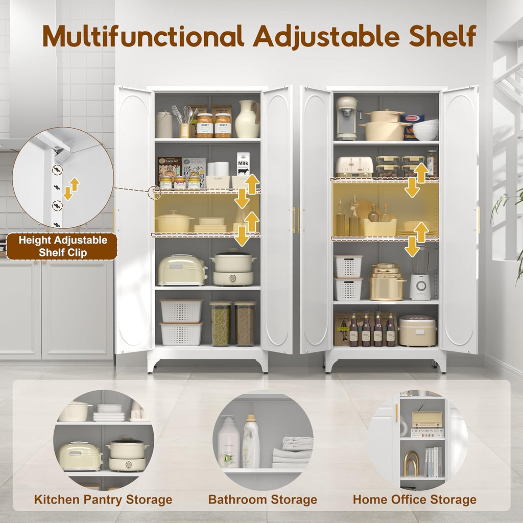 UNICOLY 75" Tall Pantry Storage Cabinet with Doors and 4 Adjustable Shelves, Freestanding Cupboard for Kitchen, Dining Room, Living Room, Bathroom, White