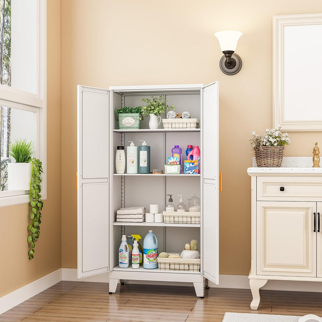 erosoei Metal Pantry Storage Cabinet, Kitchen Storage Cabinets with Adjustable Feet and Shelves, Metal Pantry Cabinet for Kitchen, Living Room, Laundry Room and Dinning Room (2door-White)